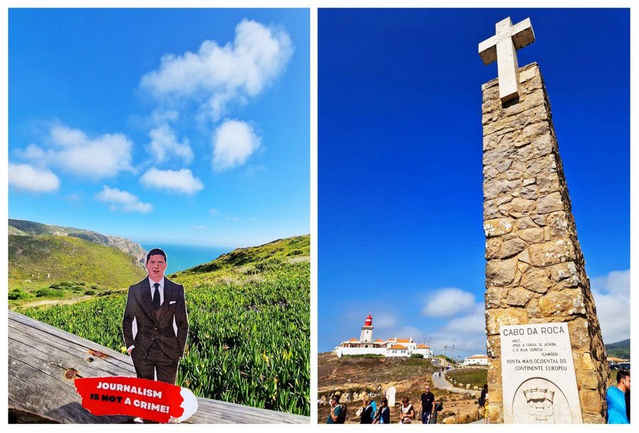 Pavel against the background of the Atlantic Ocean. Cape Roca, the farthest western point of the Eurasian continent located in Portugal