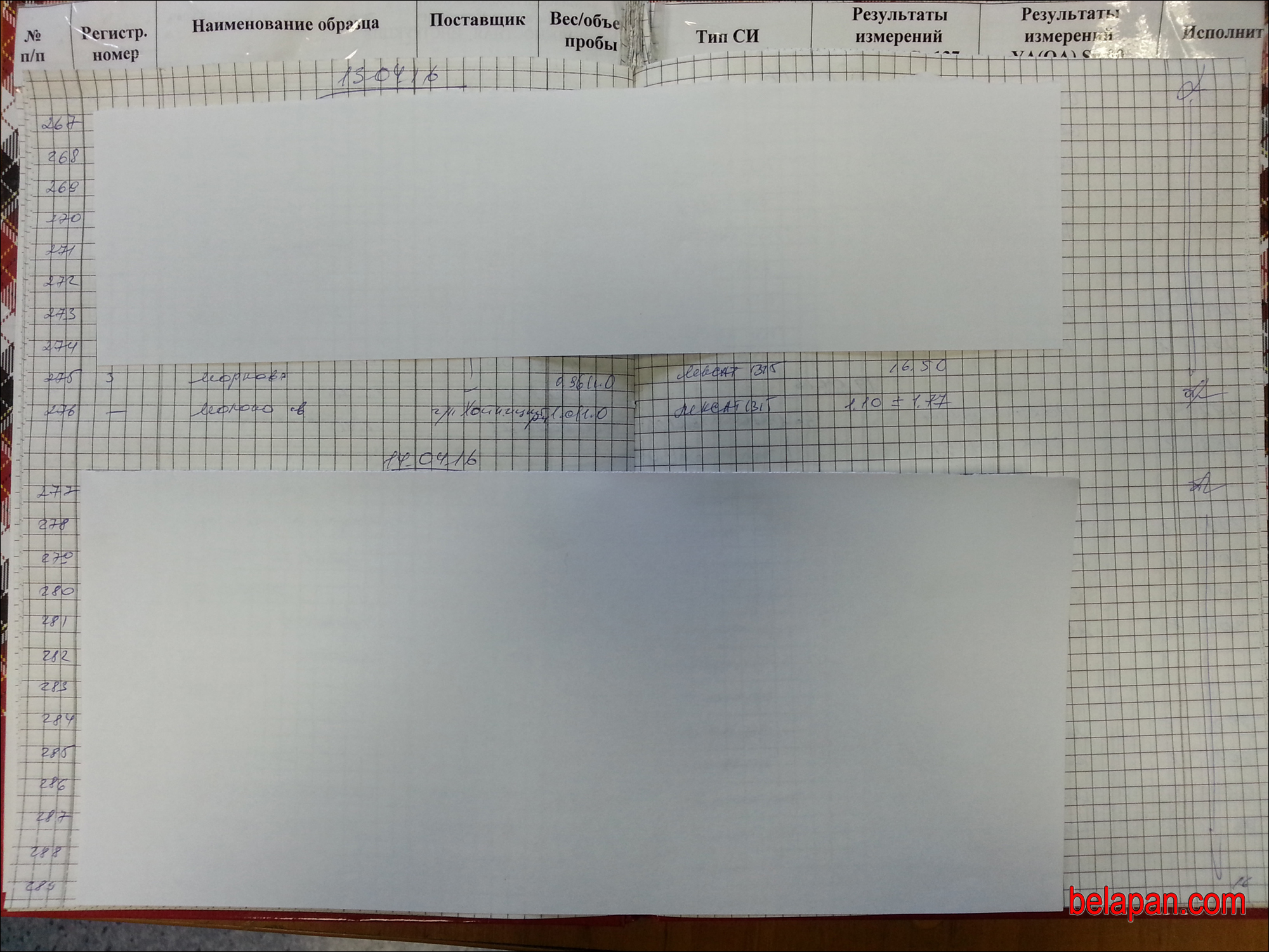 The note in the register of the Minsk Center of Hygiene and Epidemiology on April 13 when the product was provided for the test. Photo by BelaPAN.