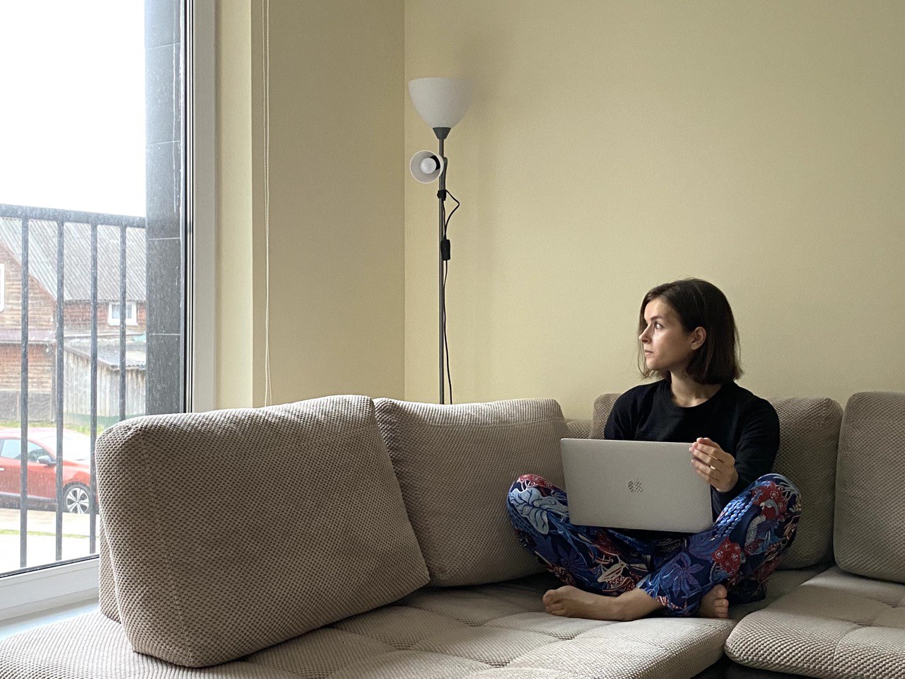 Journalist Natallia Lubneuskaja at her workspace in Lithuania, Vilnius, where she now lives in exile.