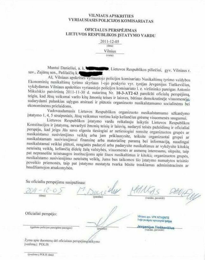 Афіцыйнае папярэджанне, якое было вынесена Мантасу Данелюсу