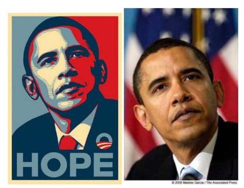 Фатаграфія Барака Абамы (справа) была зроблена фатографам AP Мані Гарсія і выкарыстана ў якасці асновы плаката (злева) мастаком Шэпардам Фэйры. Акурат вакол "добрасумленнага выкарыстання" гэтага фота ў ЗША адбываўся адзін з найбольш гучных судовых працэсаў па аўтарскім праве