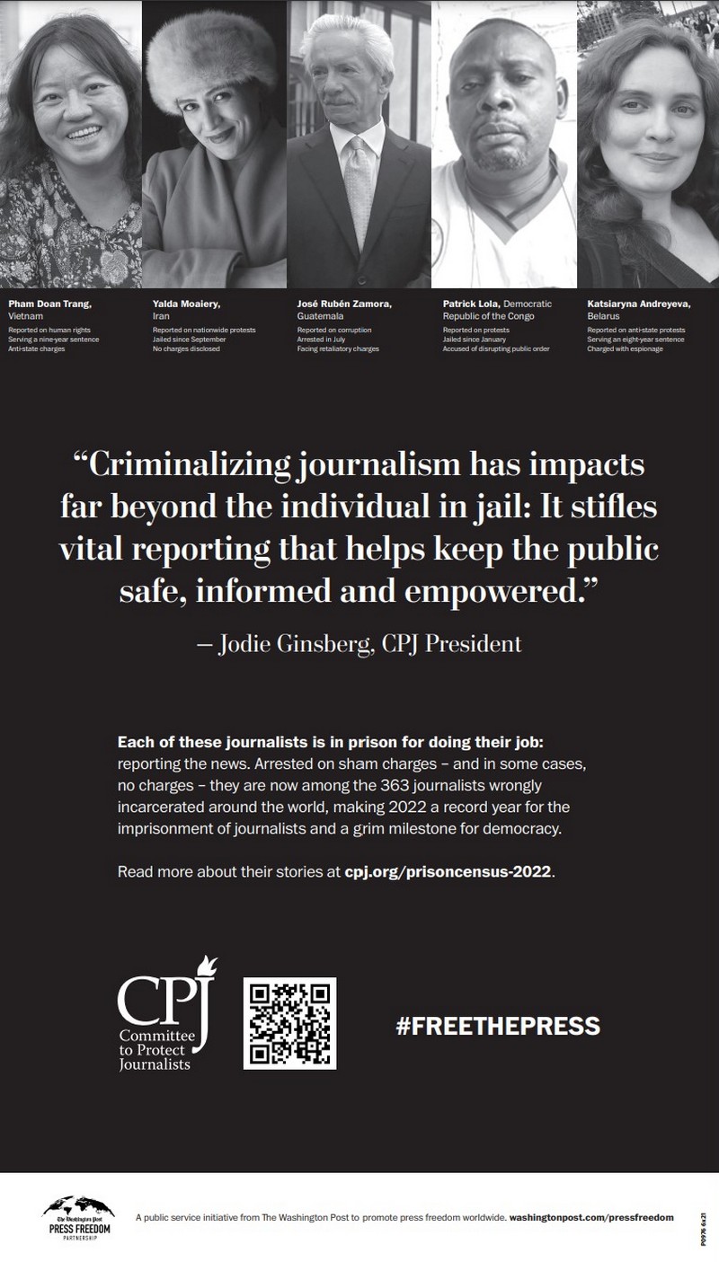 Рэкламная старонка ў газеце The Washington Post, дзе CPJ змясцілі інфармацыю аб журналістах у зняволенні за сваю працу, у тым ліку — пра Кацярыну Андрэеву