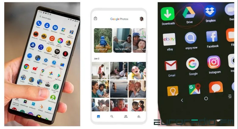 Иконки Google Photo и Google Drive в смартфонах Android / коллаж Еврорадио