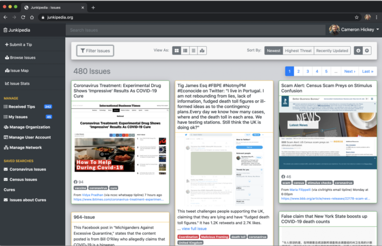 Интерфейс инструмента Junkipedia. Изображение: скриншот.