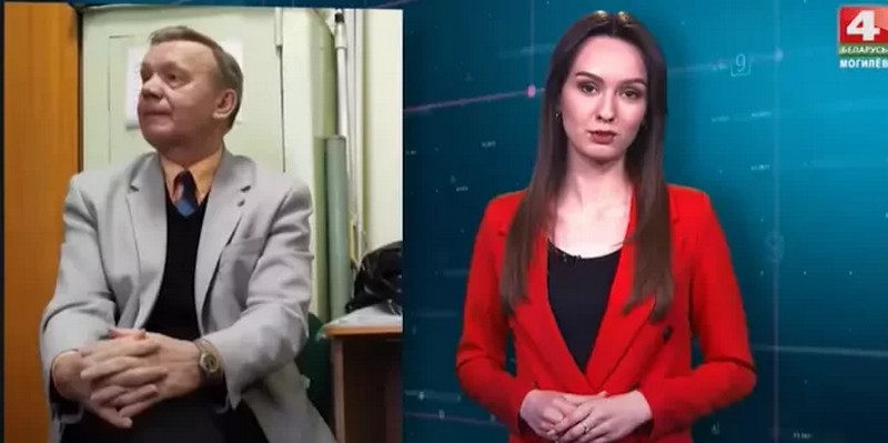 Затрыманы прафесар Юрый Бубноў і прапагандыстка Віталіна Петрусевіч. Фрагмент фільма, які «праславіў» прапагандыстку. Фота: скрын відэа tvrmogilev.by