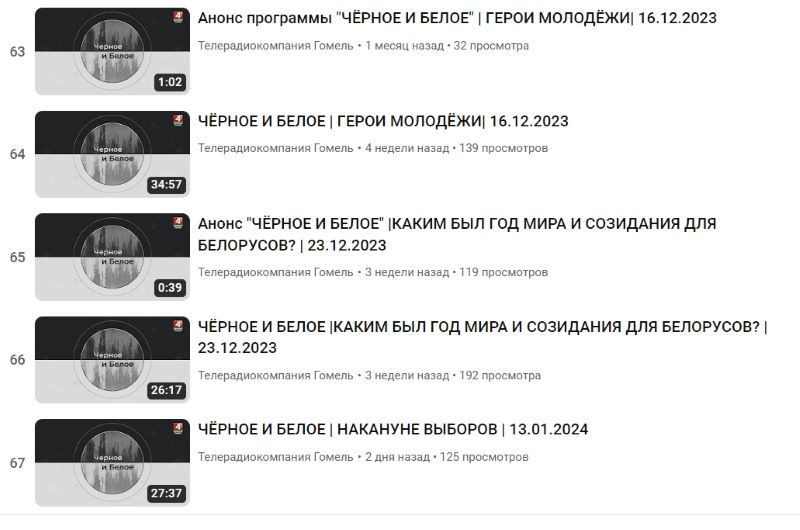 Примеры выпусков ток-шоу «Черное и белое» и анонсов, размещенных на YouTube. Скриншот: YouTube / tvr_gomel