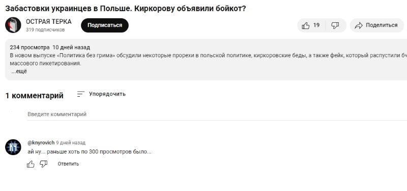 Комментарий под видео на YouTube-канале «Острая терка». Скриншот: YouTube / user-om4cp3en6t