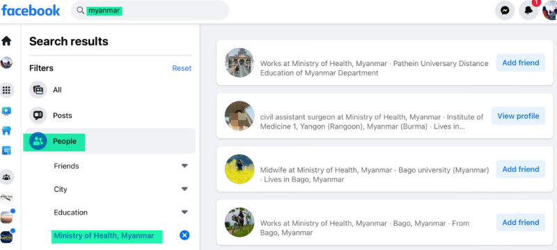 Поиск людей из определённой страны и организации в Facebook. Изображение: Скриншот, Хенк ван Эсс