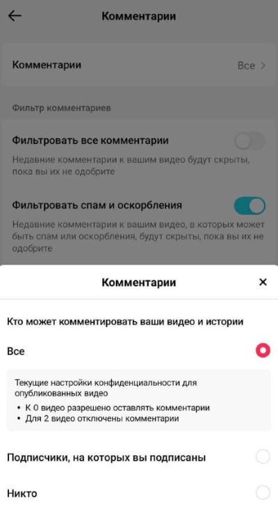 Пункт «Каментары», дзе вы можаце абраць, хто можа пакідаць каментары пад вашымі відэа